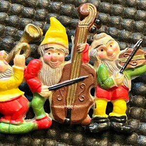 Vintage German Plastic Celluloid Gnome Musical Pin Brooch Rare